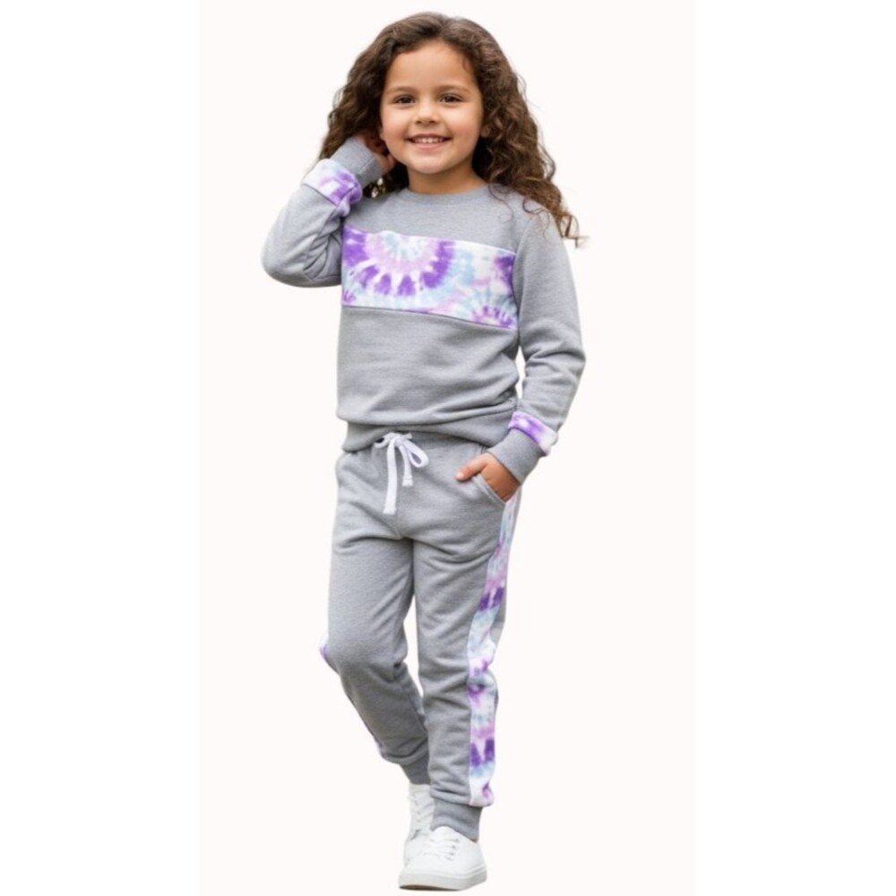 BCBG Girls Lounge Set XS 5T-6T Gray Purple Tie Dye Jogger Outfit